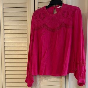 Anthropologie Fuchsia Long-Sleeve Embroidered Peasant Top